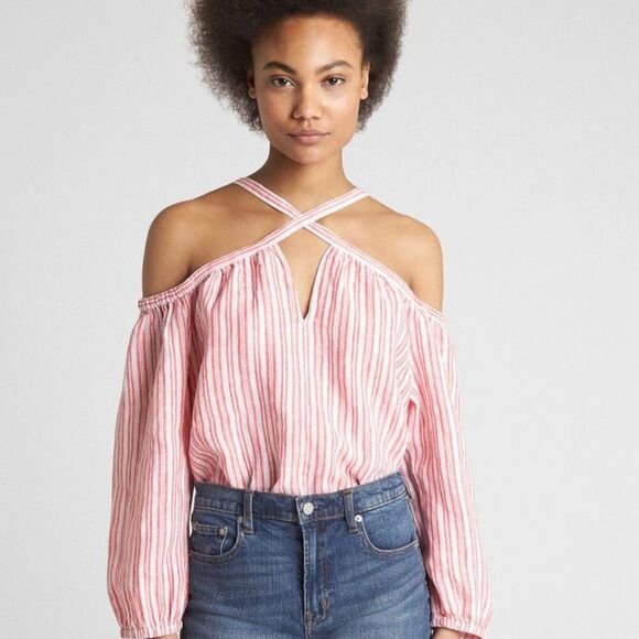 Gap Cold-Shoulder Stripe Linen Top Blouse Red White Nautical Size Medium - Picture 1 of 7
